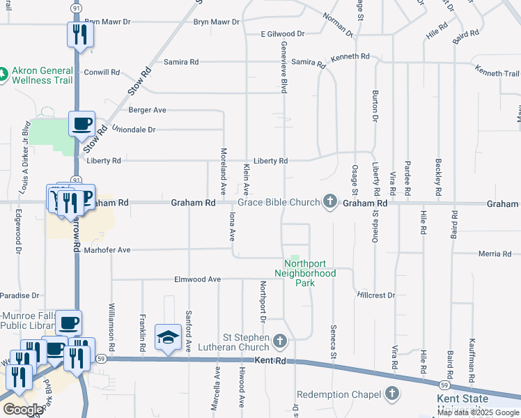 map of restaurants, bars, coffee shops, grocery stores, and more near 2366 Graham Road in Stow