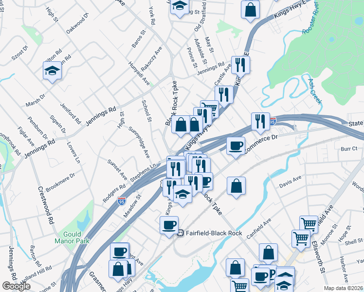 map of restaurants, bars, coffee shops, grocery stores, and more near 4583 Black Rock Turnpike in Fairfield
