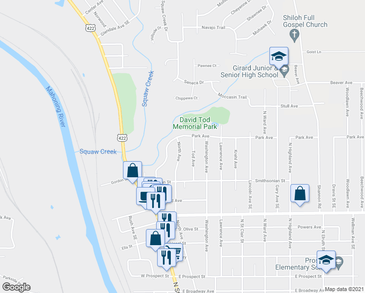 map of restaurants, bars, coffee shops, grocery stores, and more near 1061 North Avenue in Girard