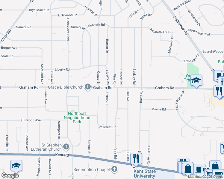 map of restaurants, bars, coffee shops, grocery stores, and more near 2576 Graham Road in Stow