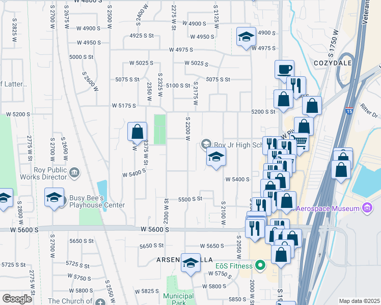 map of restaurants, bars, coffee shops, grocery stores, and more near 5342 South 2200 West in Roy