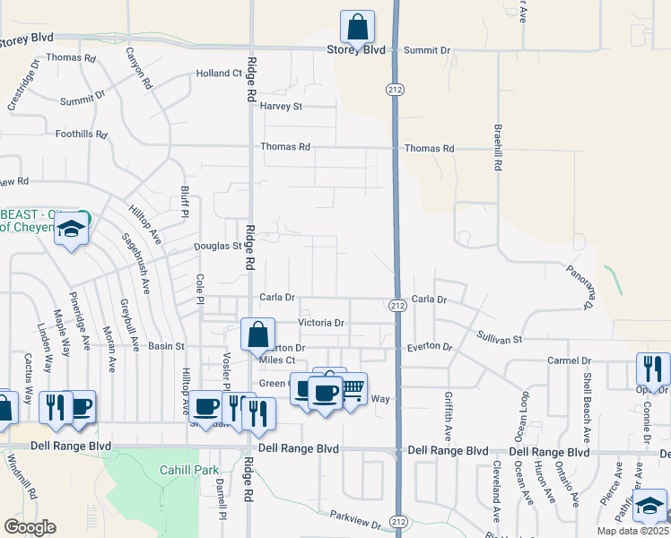 map of restaurants, bars, coffee shops, grocery stores, and more near 5215 Boulder Court in Cheyenne