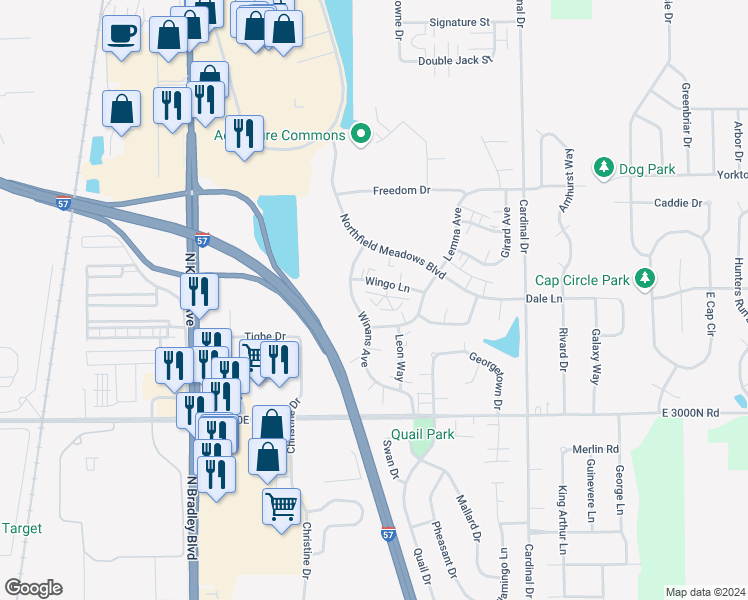 map of restaurants, bars, coffee shops, grocery stores, and more near 1319 Lemna Avenue in Bourbonnais