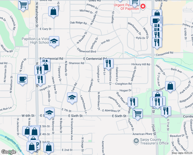 map of restaurants, bars, coffee shops, grocery stores, and more near 802 Lexington Lane in Papillion