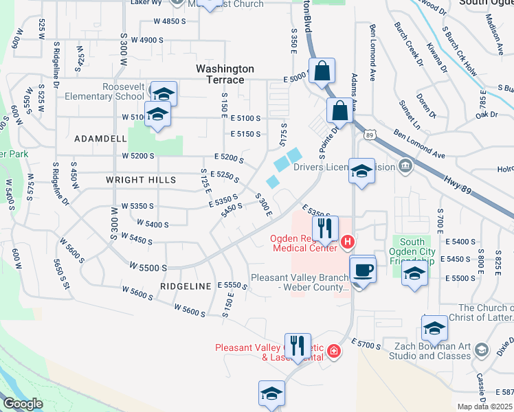 map of restaurants, bars, coffee shops, grocery stores, and more near 283 East 5450 South in Washington Terrace