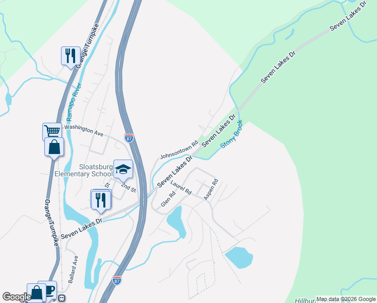 map of restaurants, bars, coffee shops, grocery stores, and more near 101 Seven Lakes Drive in Sloatsburg