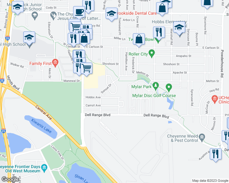 map of restaurants, bars, coffee shops, grocery stores, and more near 5268 Fishing Bridge in Cheyenne