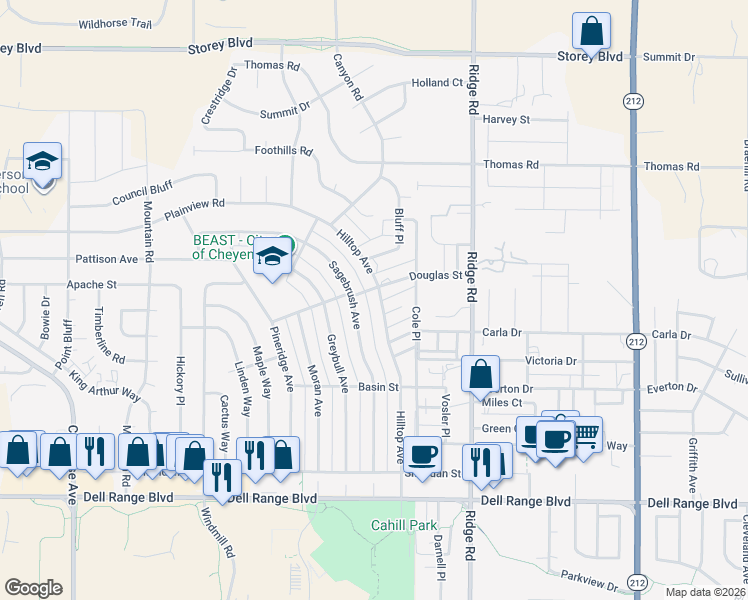 map of restaurants, bars, coffee shops, grocery stores, and more near 5212 Hilltop Avenue in Cheyenne