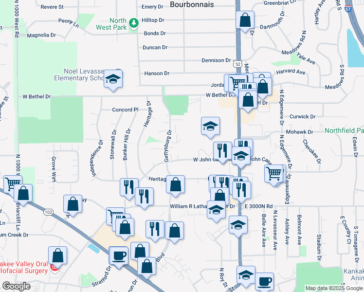 map of restaurants, bars, coffee shops, grocery stores, and more near 315 West John Casey Road in Bourbonnais