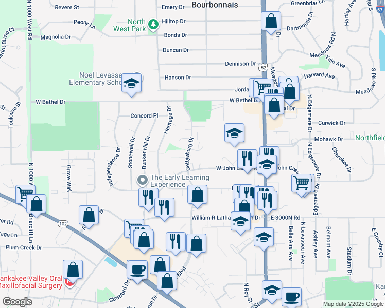 map of restaurants, bars, coffee shops, grocery stores, and more near 733 Gettysburg Drive in Bourbonnais