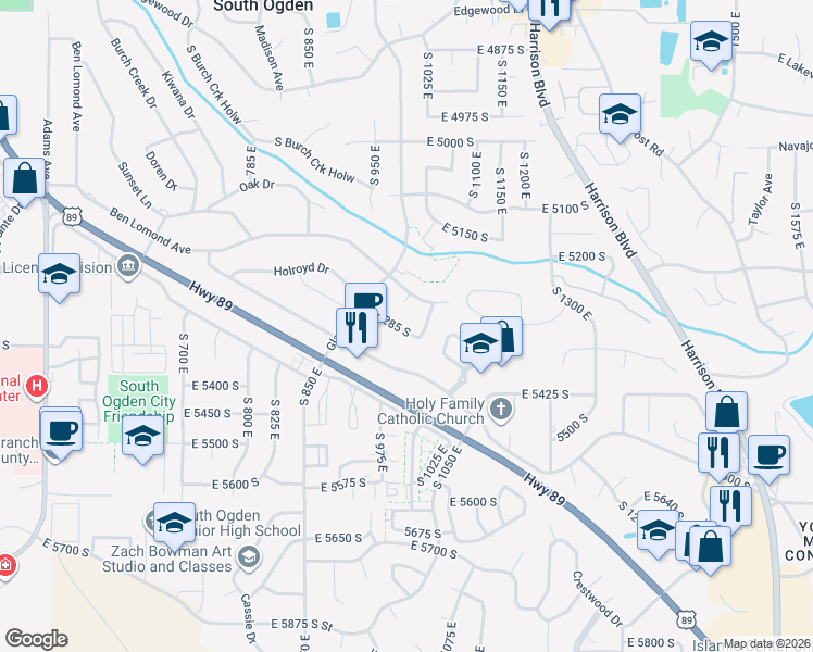 map of restaurants, bars, coffee shops, grocery stores, and more near 1031 East 5285 South in South Ogden