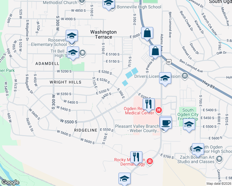 map of restaurants, bars, coffee shops, grocery stores, and more near 5481 South 250 East in Ogden