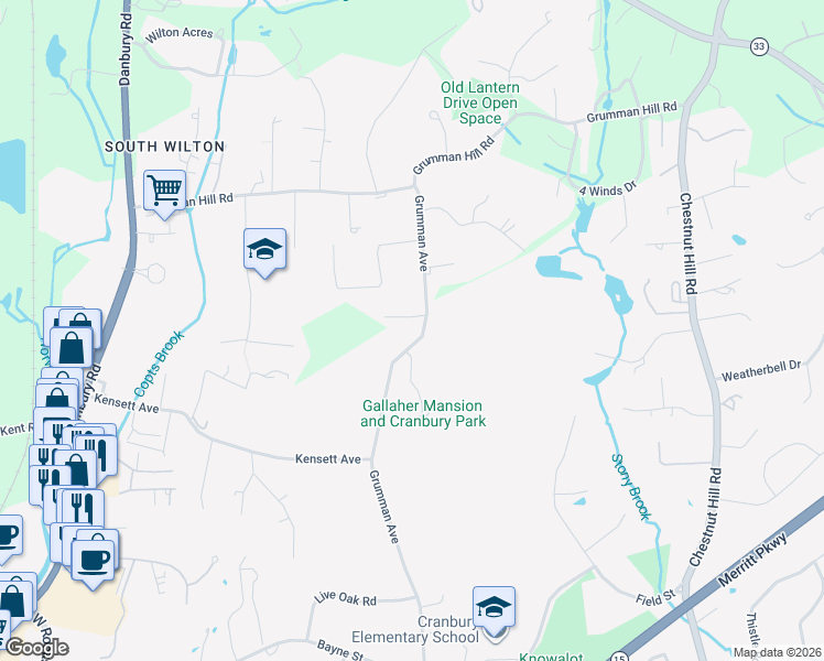 map of restaurants, bars, coffee shops, grocery stores, and more near 381-301 Grumman Avenue in Norwalk