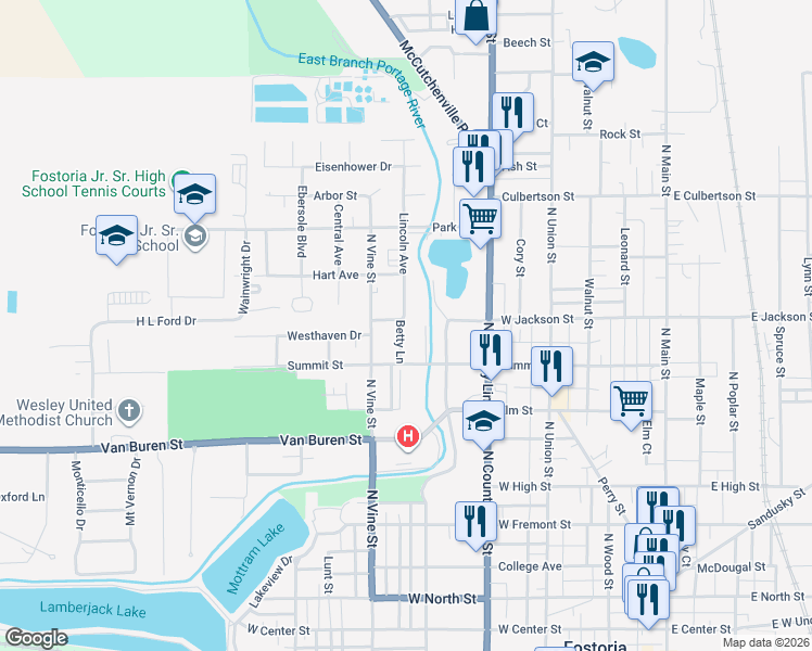 map of restaurants, bars, coffee shops, grocery stores, and more near 707 Portage Drive in Fostoria