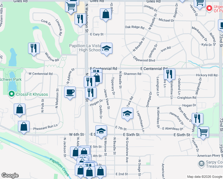 map of restaurants, bars, coffee shops, grocery stores, and more near 803 Tipperary Drive in Papillion