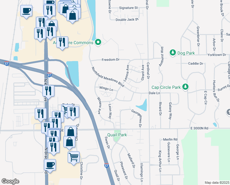 map of restaurants, bars, coffee shops, grocery stores, and more near 1500 Wingo Lane in Bourbonnais
