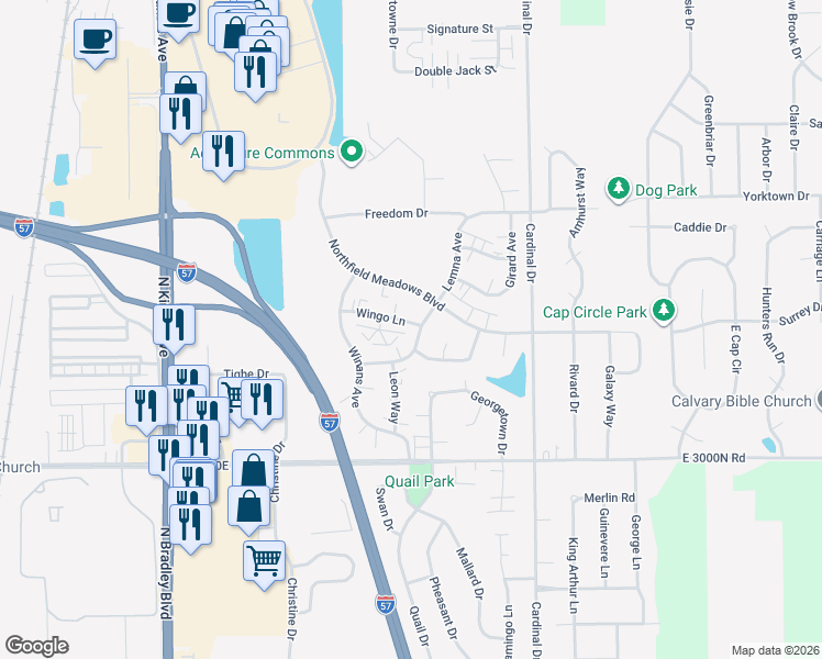 map of restaurants, bars, coffee shops, grocery stores, and more near 1500 Wingo Lane in Bourbonnais