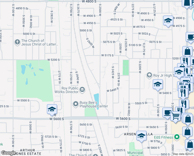 map of restaurants, bars, coffee shops, grocery stores, and more near 5326 South 2675 West in Roy