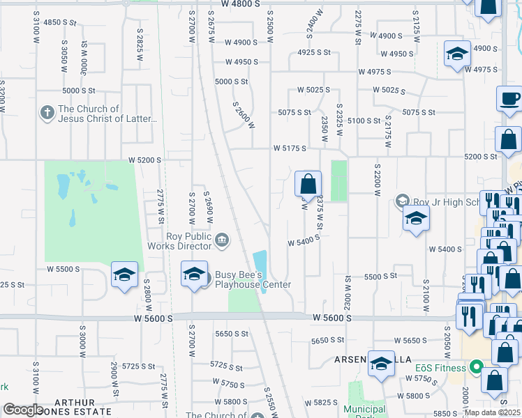map of restaurants, bars, coffee shops, grocery stores, and more near 5326 South 2675 West in Roy