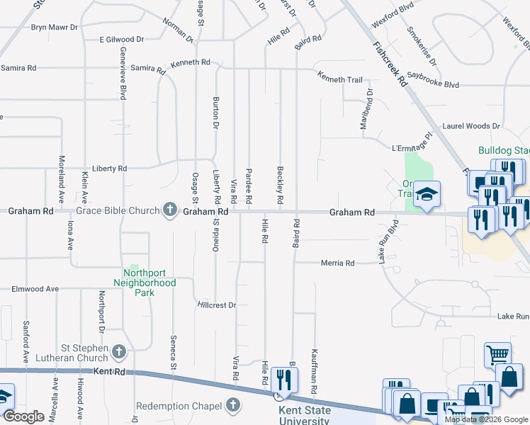 map of restaurants, bars, coffee shops, grocery stores, and more near 3976 Hile Road in Stow