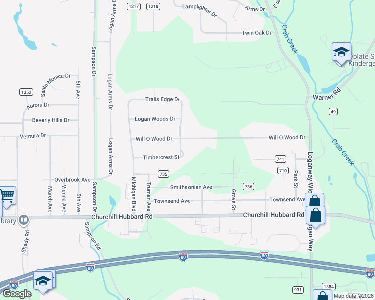 map of restaurants, bars, coffee shops, grocery stores, and more near 1250 Timbercrest Street in Youngstown