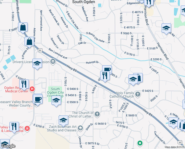 map of restaurants, bars, coffee shops, grocery stores, and more near 832 East 5300 South in South Ogden