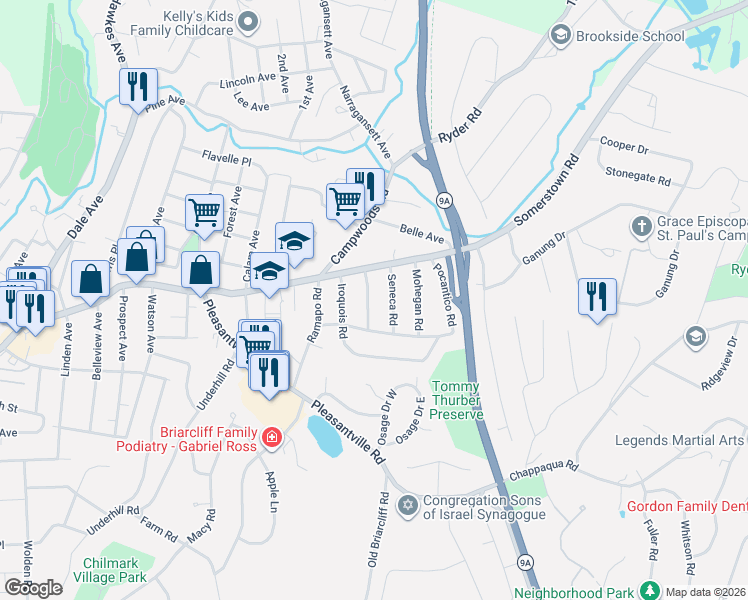 map of restaurants, bars, coffee shops, grocery stores, and more near 21 Mohawk Road in Ossining