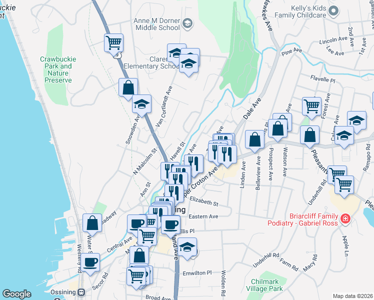 map of restaurants, bars, coffee shops, grocery stores, and more near 38 Yale Avenue in Ossining