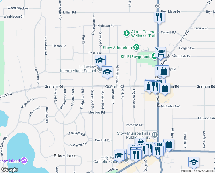 map of restaurants, bars, coffee shops, grocery stores, and more near 3643 Lakeview Boulevard in Stow