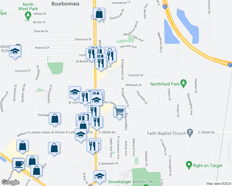 map of restaurants, bars, coffee shops, grocery stores, and more near 175 East John Casey Road in Bourbonnais