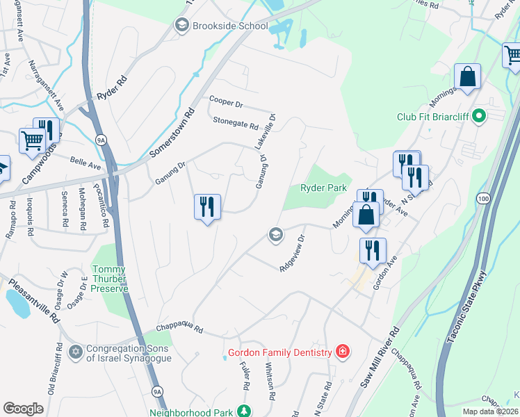 map of restaurants, bars, coffee shops, grocery stores, and more near 67 Ganung Drive in Ossining