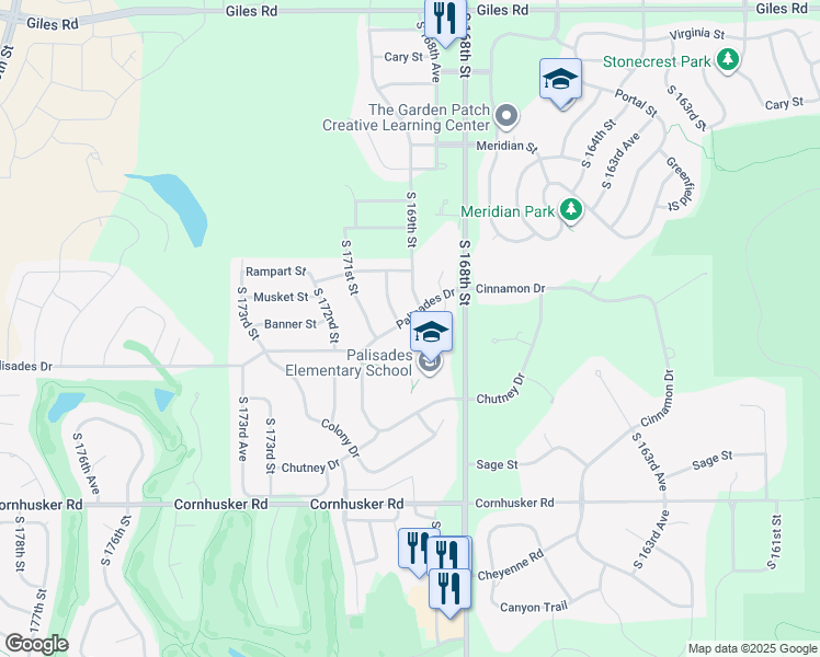 map of restaurants, bars, coffee shops, grocery stores, and more near 16913 Palisades Drive in Omaha