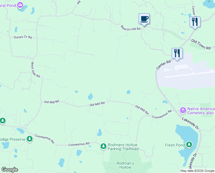 map of restaurants, bars, coffee shops, grocery stores, and more near 1627 Old Mill Road in New Shoreham