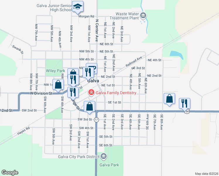 map of restaurants, bars, coffee shops, grocery stores, and more near 100-198 Northeast 1st Street in Galva