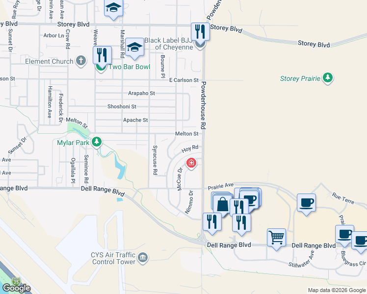 map of restaurants, bars, coffee shops, grocery stores, and more near 1005 Melton Street in Cheyenne