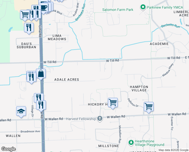 map of restaurants, bars, coffee shops, grocery stores, and more near 1010 Rabus Drive in Fort Wayne