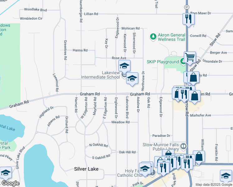 map of restaurants, bars, coffee shops, grocery stores, and more near 1781 Graham Road in Stow