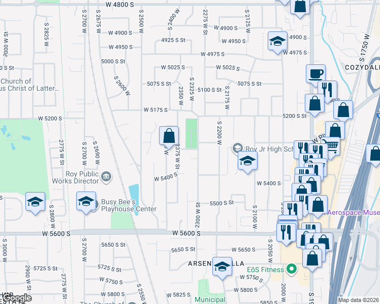 map of restaurants, bars, coffee shops, grocery stores, and more near 2345 West 5300 South in Roy