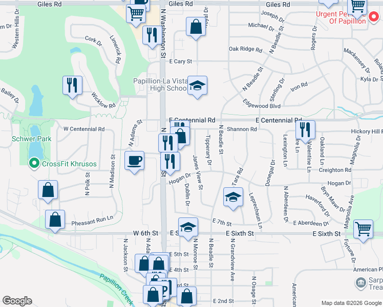 map of restaurants, bars, coffee shops, grocery stores, and more near 806 1/2 Janes View Street in Papillion
