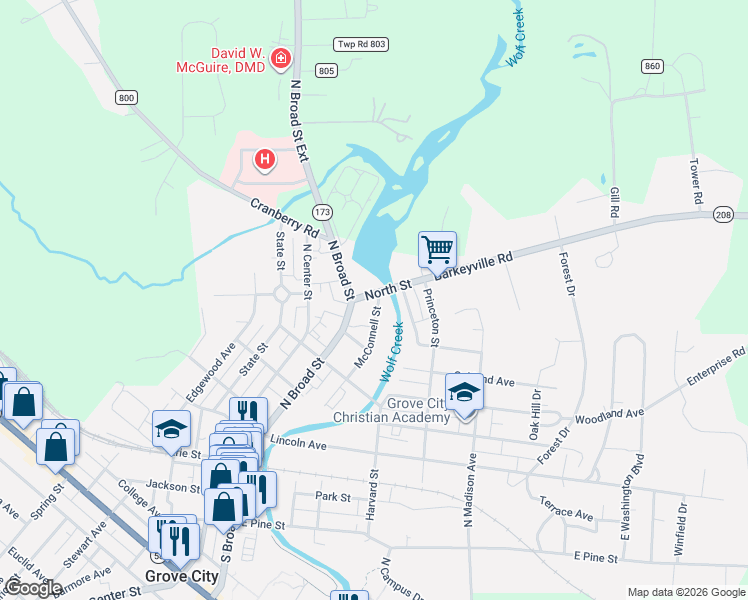 map of restaurants, bars, coffee shops, grocery stores, and more near 118 North Street in Grove City