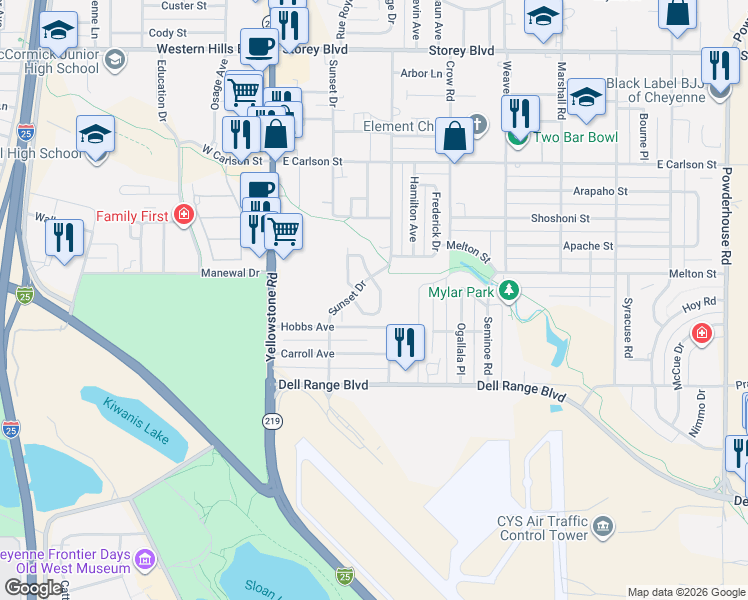 map of restaurants, bars, coffee shops, grocery stores, and more near 5302 Tower Junction in Cheyenne