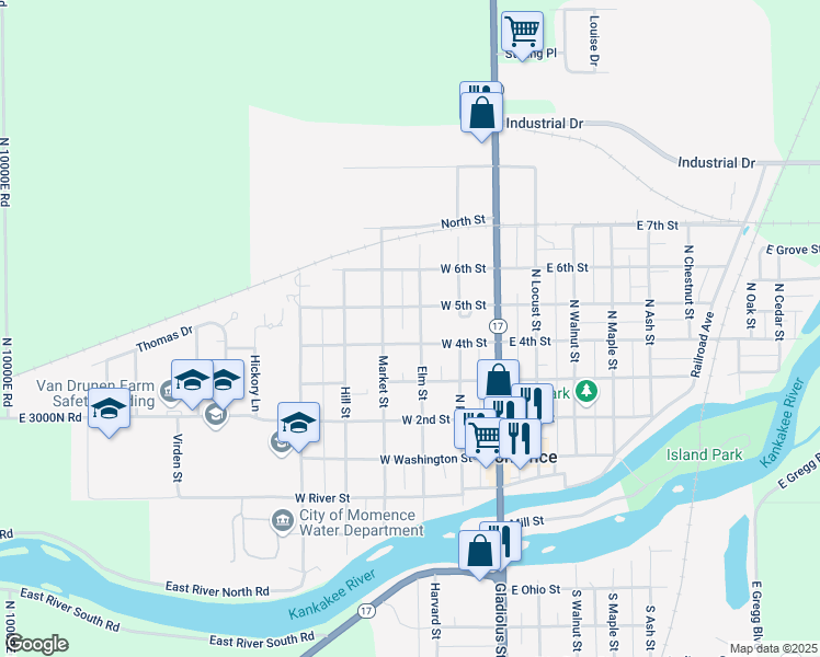map of restaurants, bars, coffee shops, grocery stores, and more near 503 Elm Street in Momence