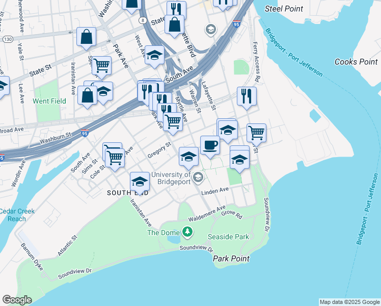 map of restaurants, bars, coffee shops, grocery stores, and more near 325 Myrtle Avenue in Bridgeport