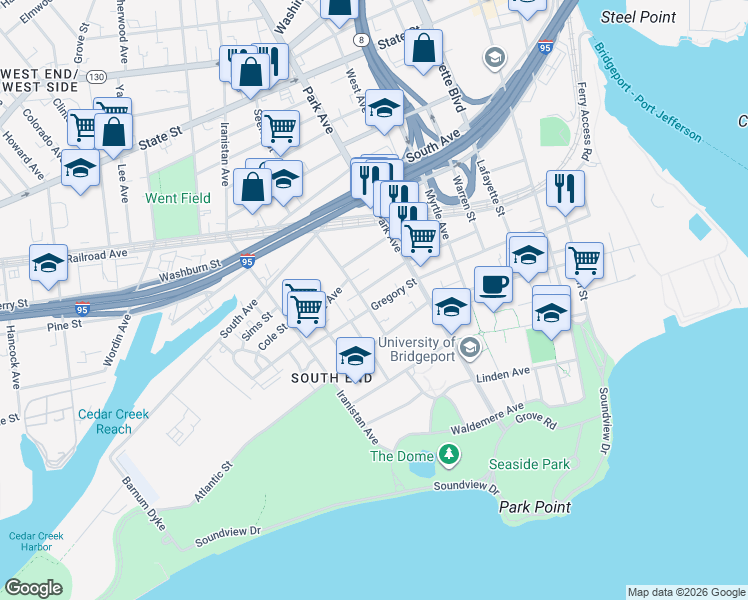 map of restaurants, bars, coffee shops, grocery stores, and more near 136 Columbia Street in Bridgeport