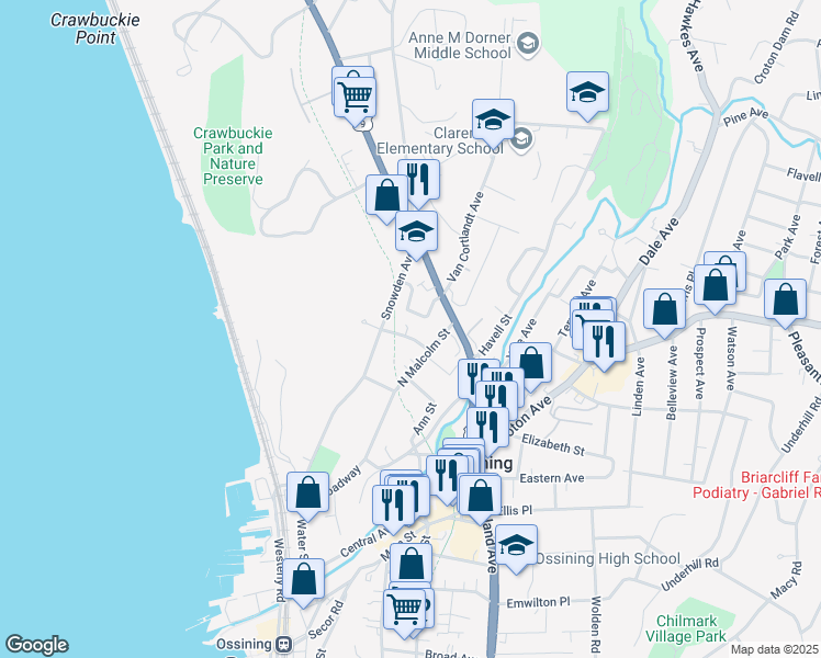 map of restaurants, bars, coffee shops, grocery stores, and more near 31 Montgomery Street in Ossining