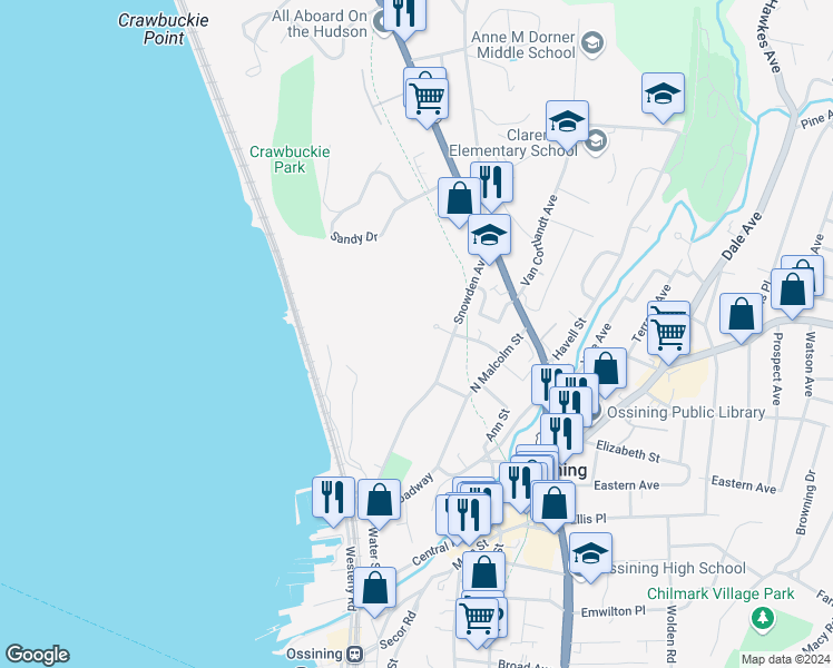 map of restaurants, bars, coffee shops, grocery stores, and more near 35 Snowden Avenue in Ossining