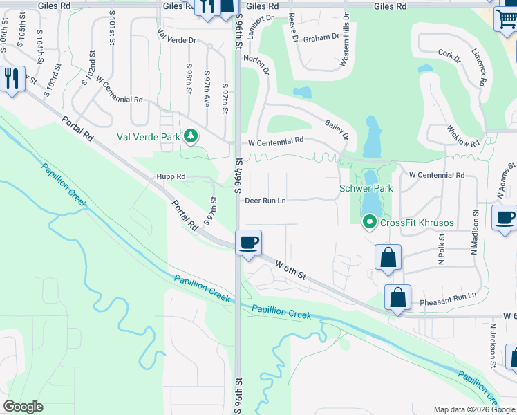 map of restaurants, bars, coffee shops, grocery stores, and more near 645 Reeves Circle in Papillion