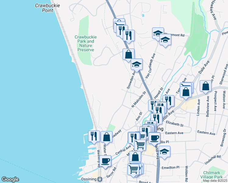 map of restaurants, bars, coffee shops, grocery stores, and more near 35 Snowden Avenue in Ossining