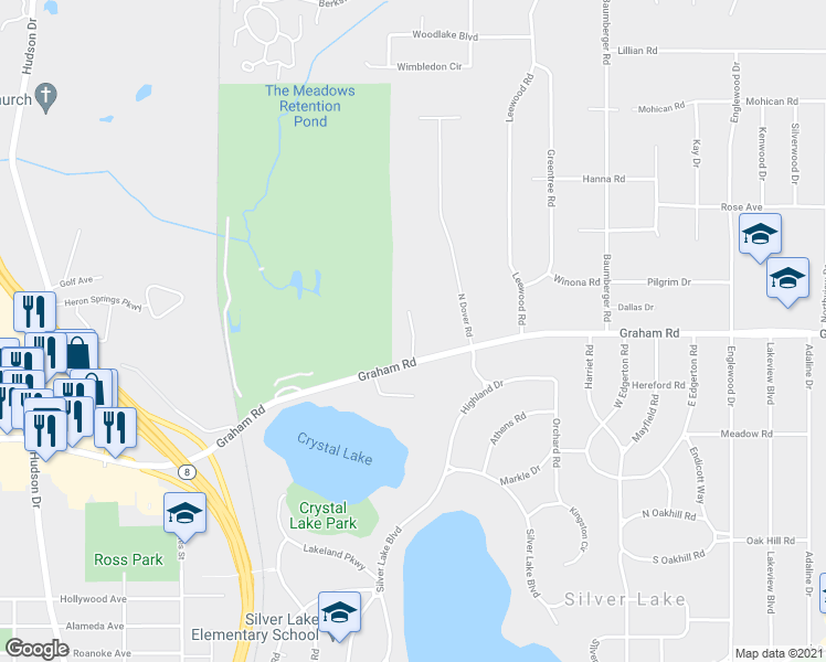 map of restaurants, bars, coffee shops, grocery stores, and more near 3696 Country Club Drive in Silver Lake