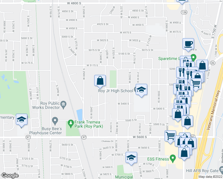 map of restaurants, bars, coffee shops, grocery stores, and more near 2347 West 5300 South in Roy